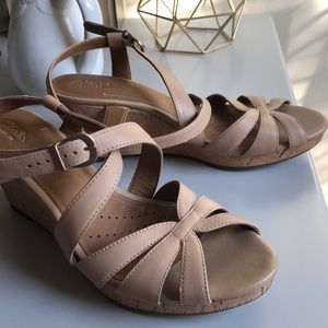 Clarks Artisan Nude/Lite Beige Strappy Cork Wedges